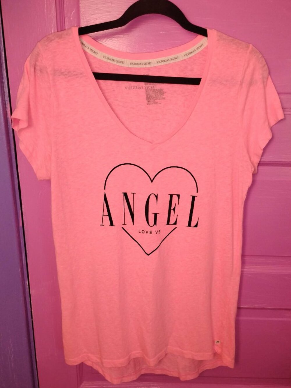 Y2K XL Victoria's Secret Angel Love VS Logo Neon Pink Shirt Top 2013 Small Flaw